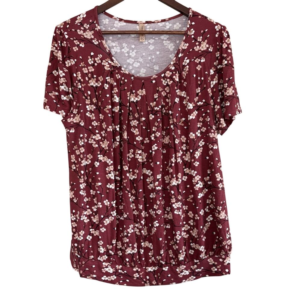 Anymeet Women’s Red Floral Boho Pattern Shirt Blouse Top Short Sleeve Size XL